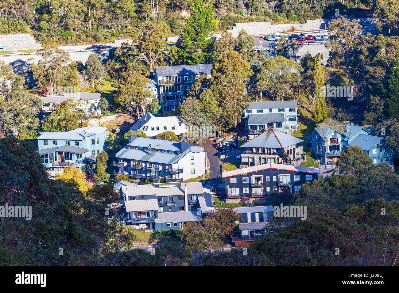 Beautiful mountain chalets in Thredbo Village, Mount Kosciuszko National Park, Australia Stock Photo