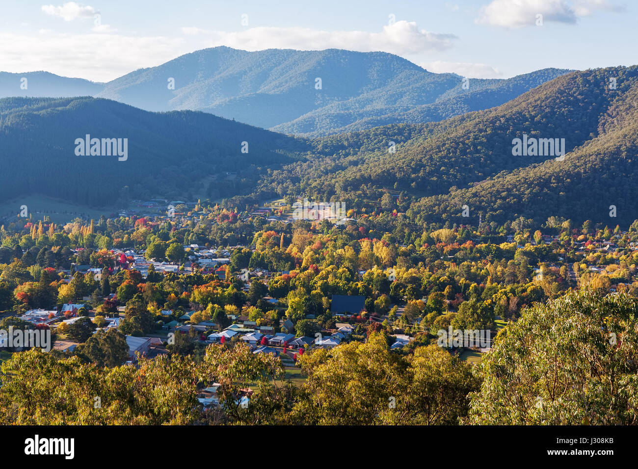 Aerial view of Bright - small town in Australian countryside. Fall colors in full swing Stock Photo