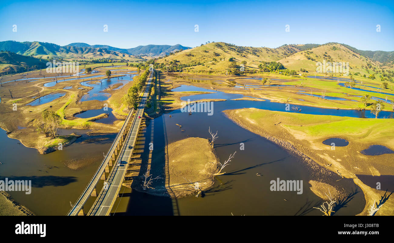 Aerial panorama landscape of Murray Valley Highway and bridge over Lake