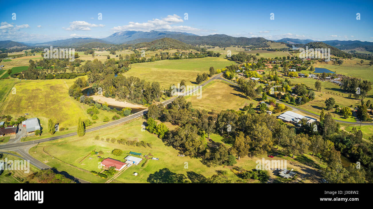 Australian countryside meadows, pastures, and hills aerial panorama