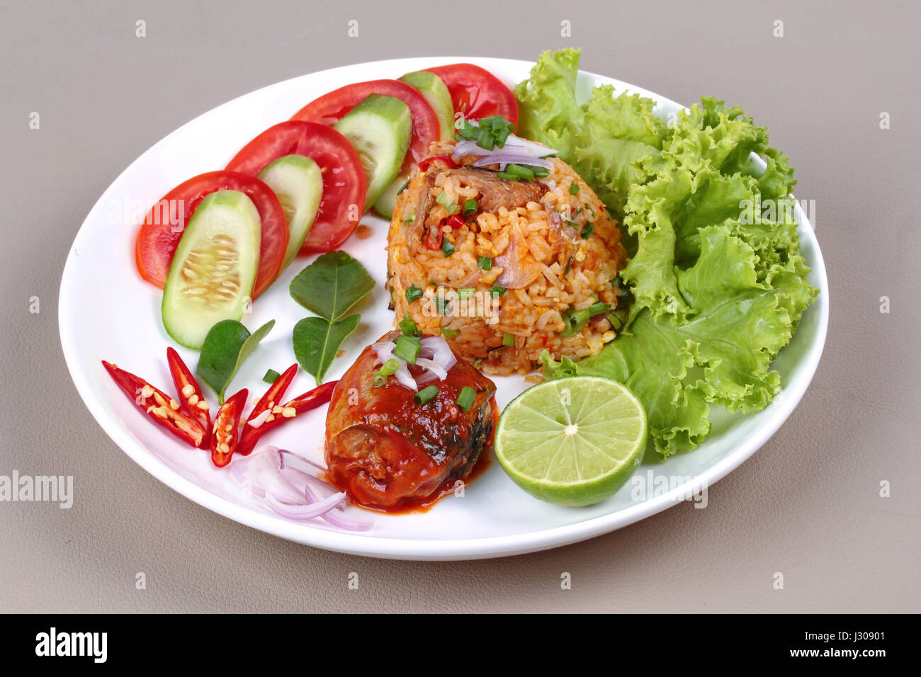 Thai food, Fried jasmine rice with canned fish,mackerel in tomato sauce