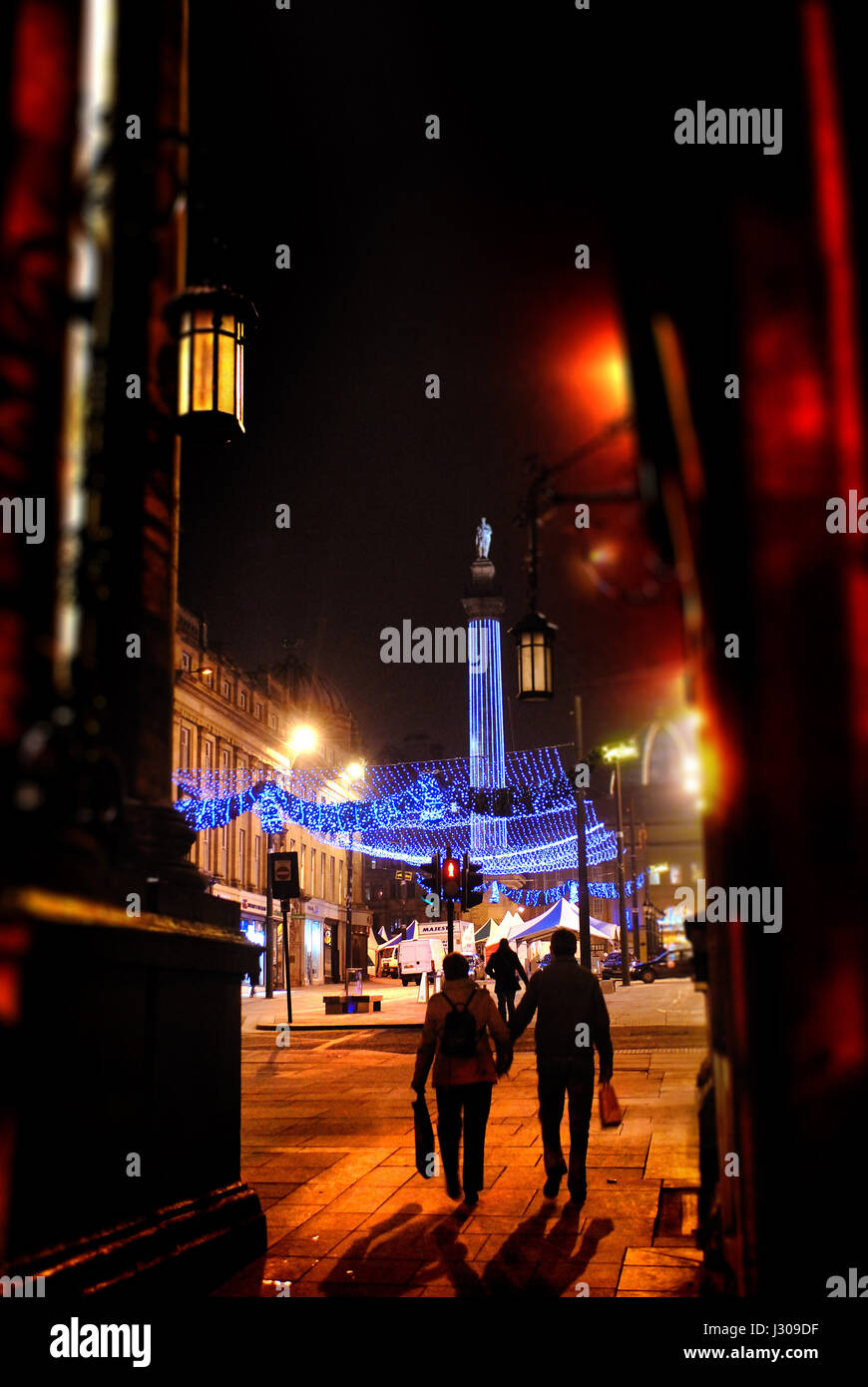 Greys Monument with Christmas Lights, Newcastle upon tyne Stock Photo