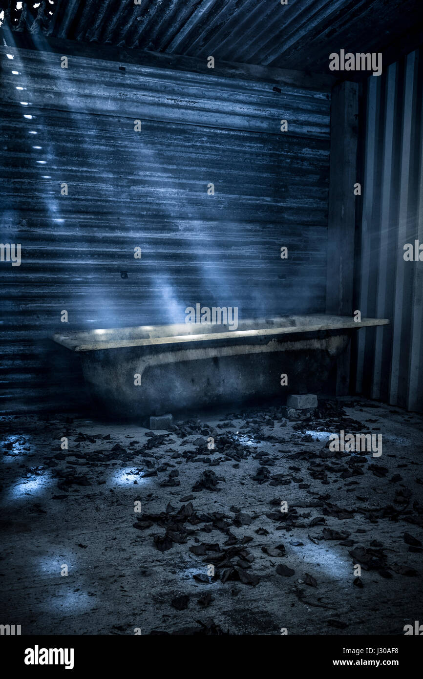Shafts of light illuminating a bath tub in an outbuilding. Stock Photo