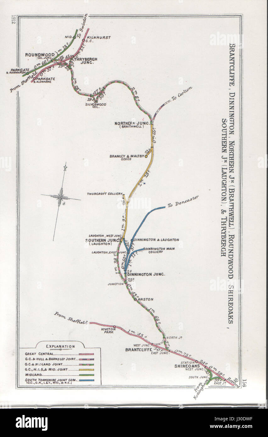 This refers to a railway map or station list within a specific region in the UK, covering locations like Brantcliffe, Dinnington, Shireoaks, and Thrybergh. These are railway junctions and stations in South Yorkshire, UK, relevant for train travel and transportation history. Stock Photo
