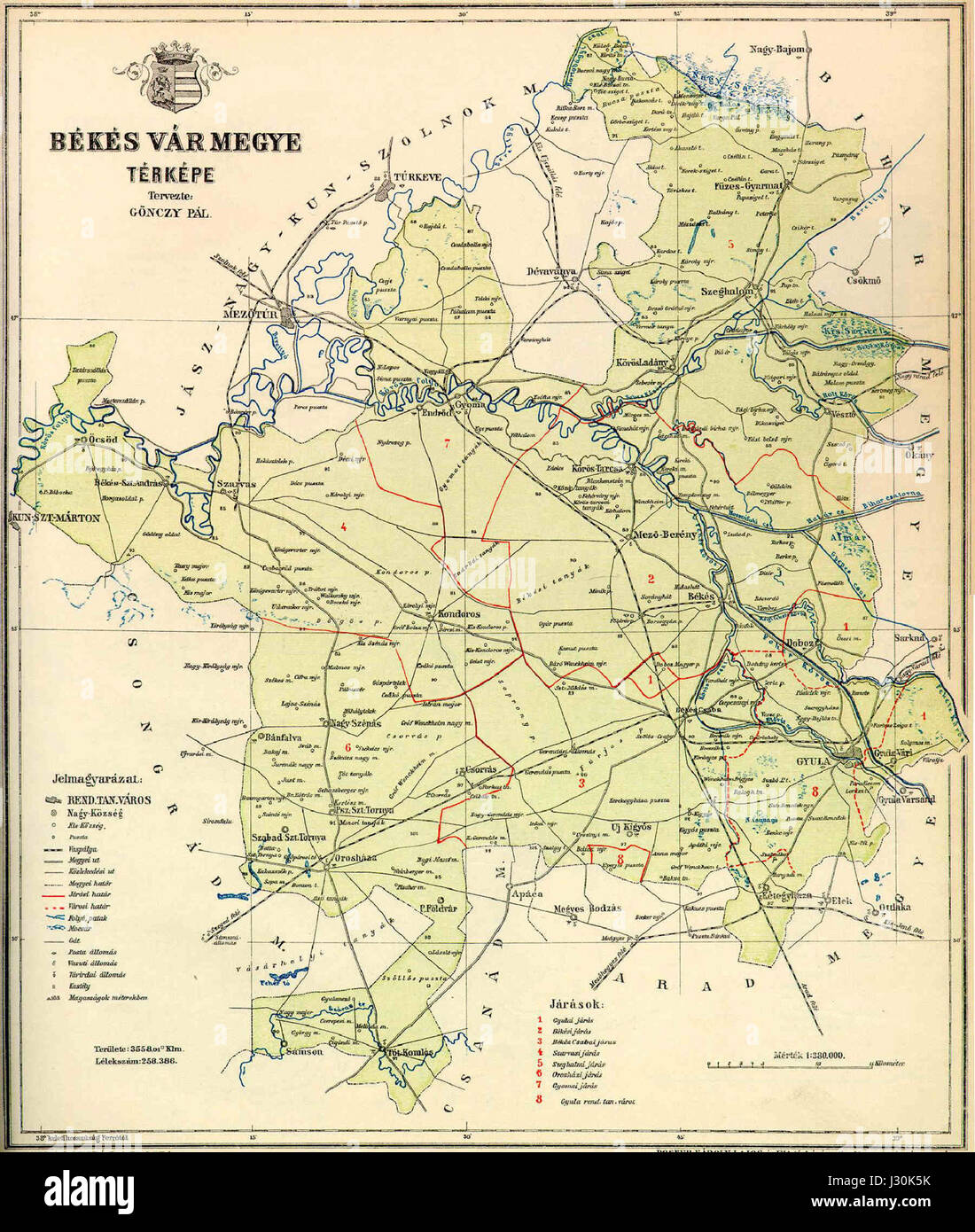 The map of Bekes County, located in southeastern Hungary, illustrates the regionâ€™s geography, administrative divisions, and key landmarks. It serves as an important historical document for understanding the area's layout and local infrastructure. Stock Photo