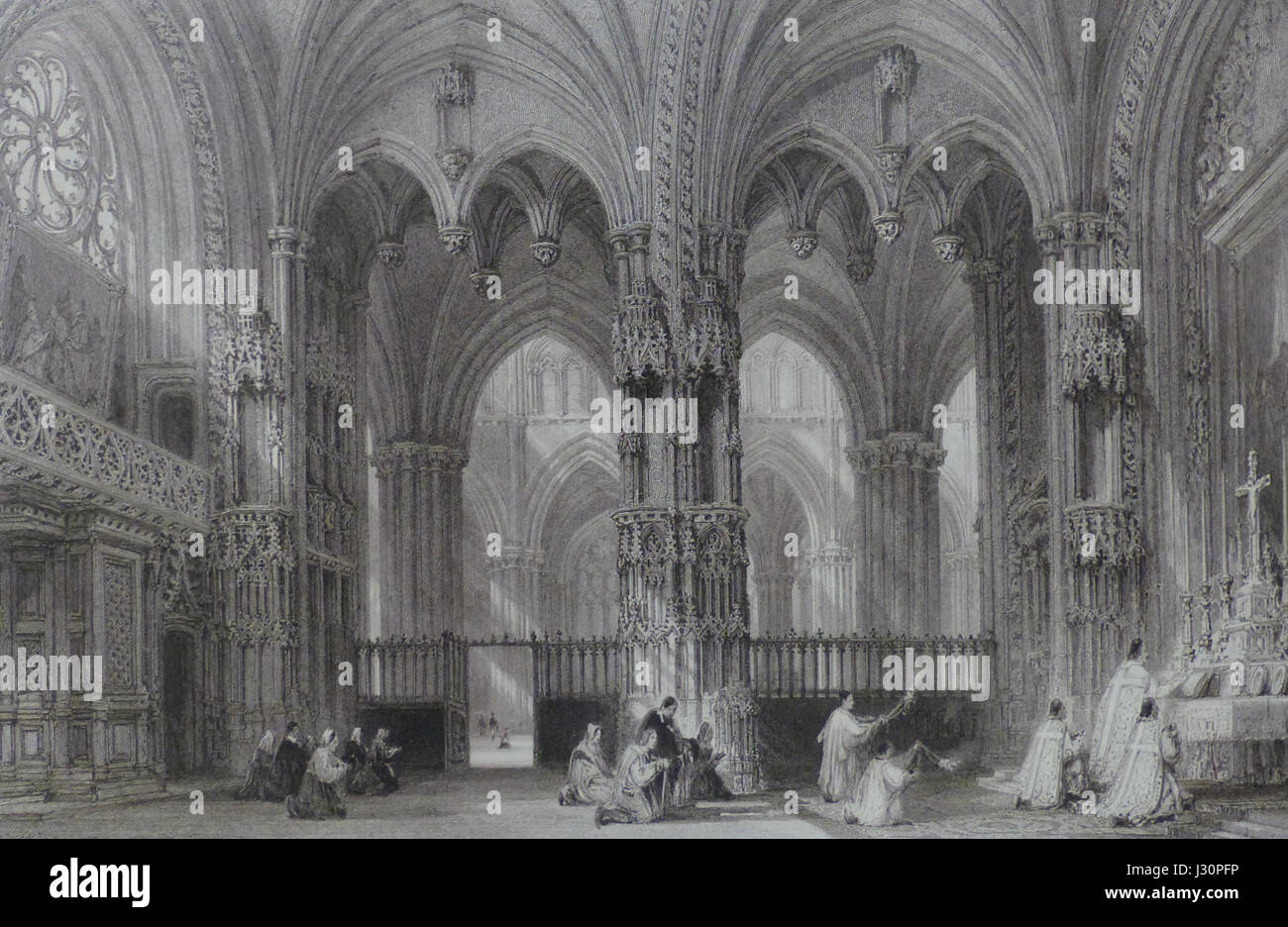 The Chapelle des Bourbons from the 19th century, depicted in a gravure by T. Allom and E. Challis, showcases the Bourbon family's historical chapel, part of a larger collection of engravings. Stock Photo