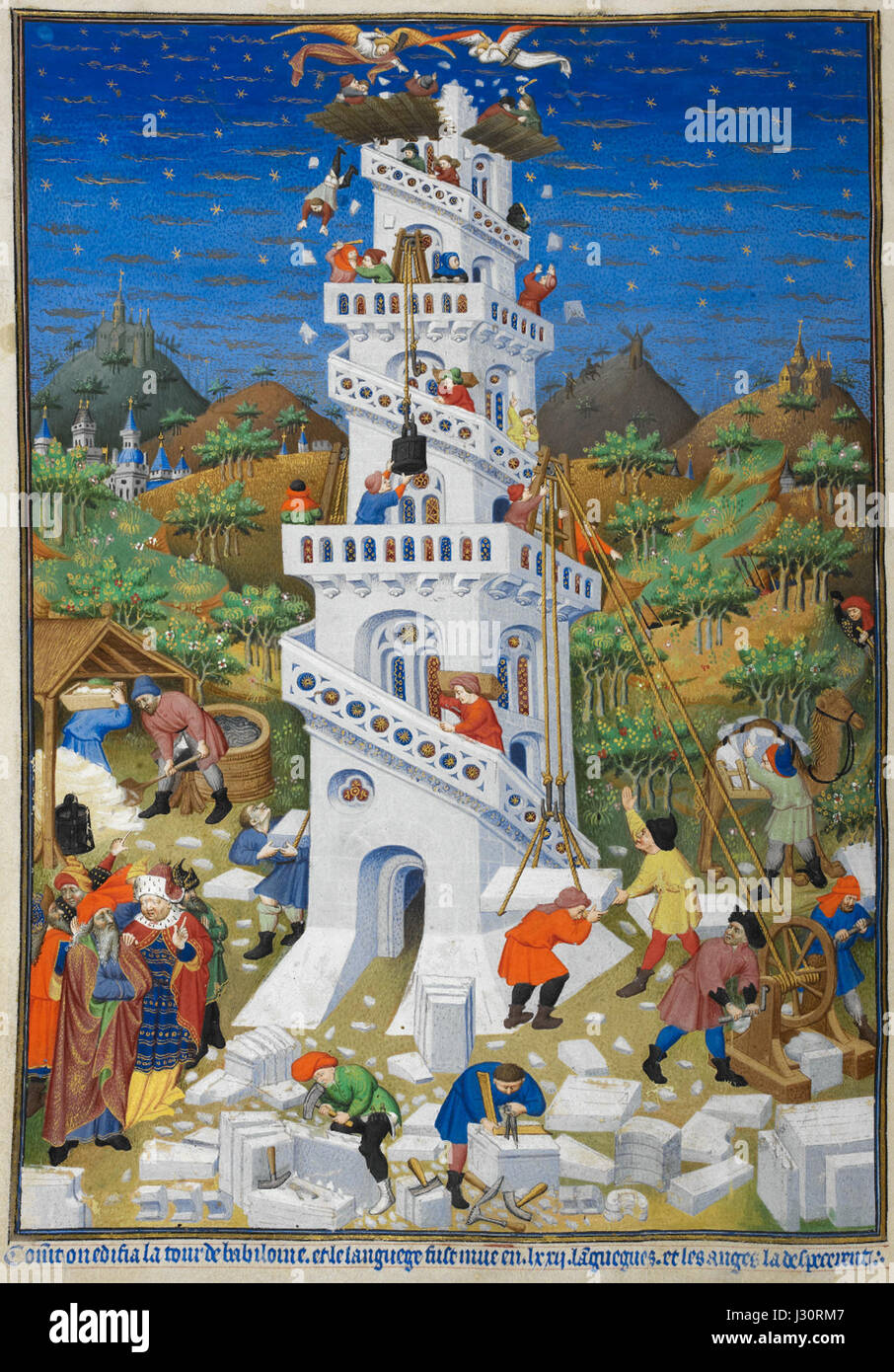 The 'Building of the Tower of Babel,' depicted in a manuscript housed ...