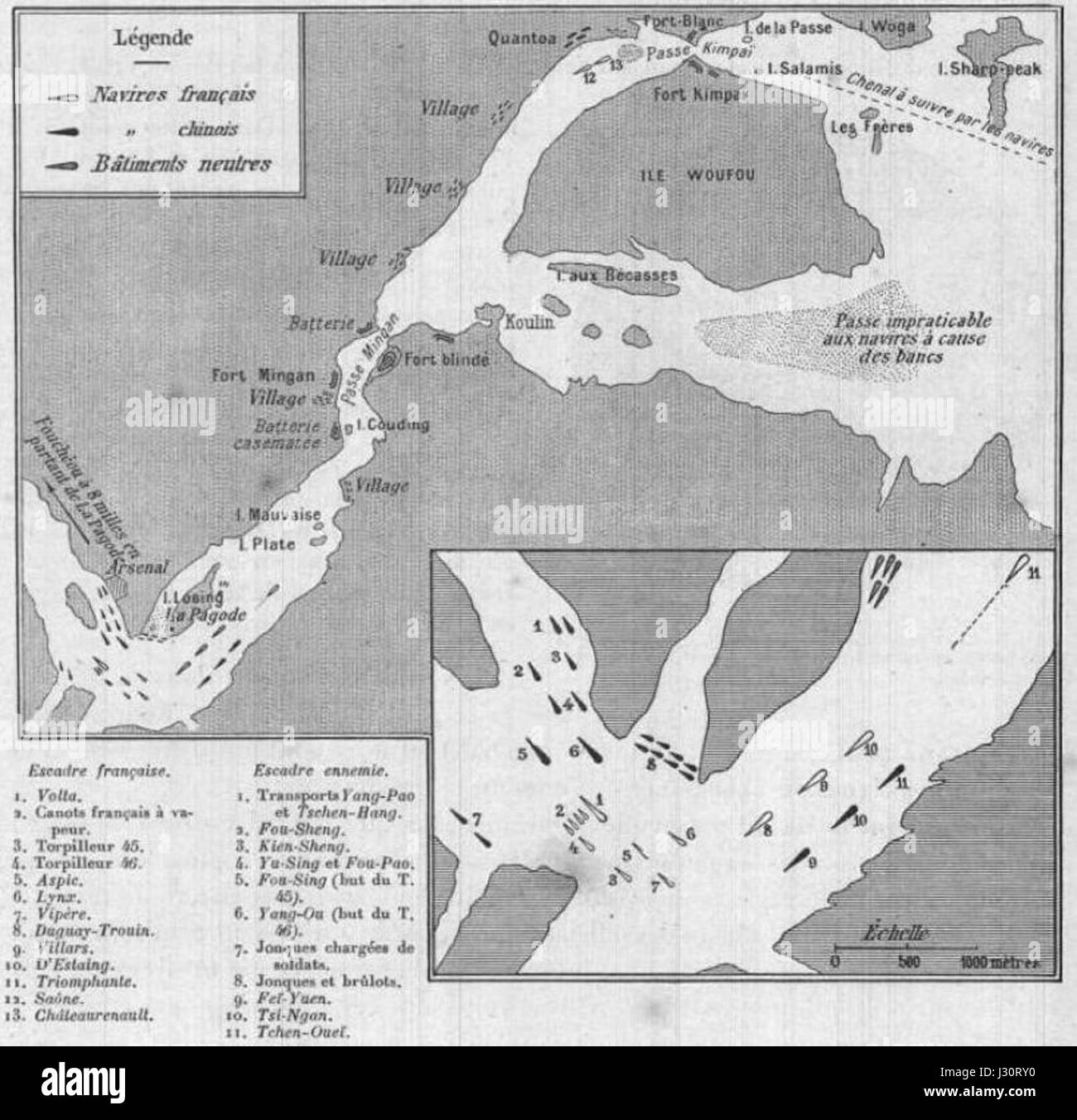 Carte de la riviere Min et position des navires francais et chinois au moment du declenchement du combat de Fou Tcheou en 1884 Stock Photo