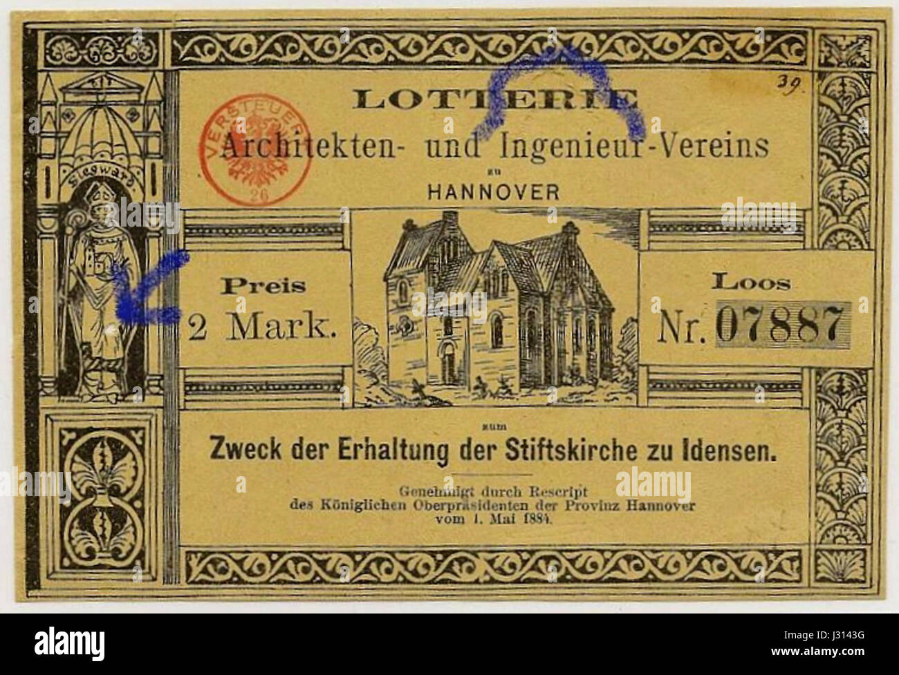 Architekten- und Ingenieurverein Hannover Lotterieschein zugunsten der Stiftskirche Idensen 1884 Bildseite Stock Photo
