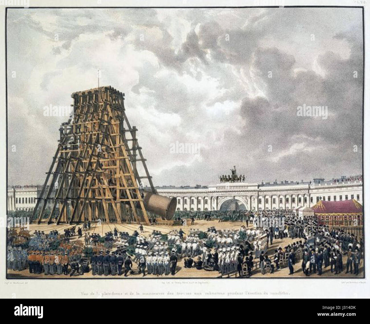 The erection of the Alexander Column in St. Petersburg, Russia ...