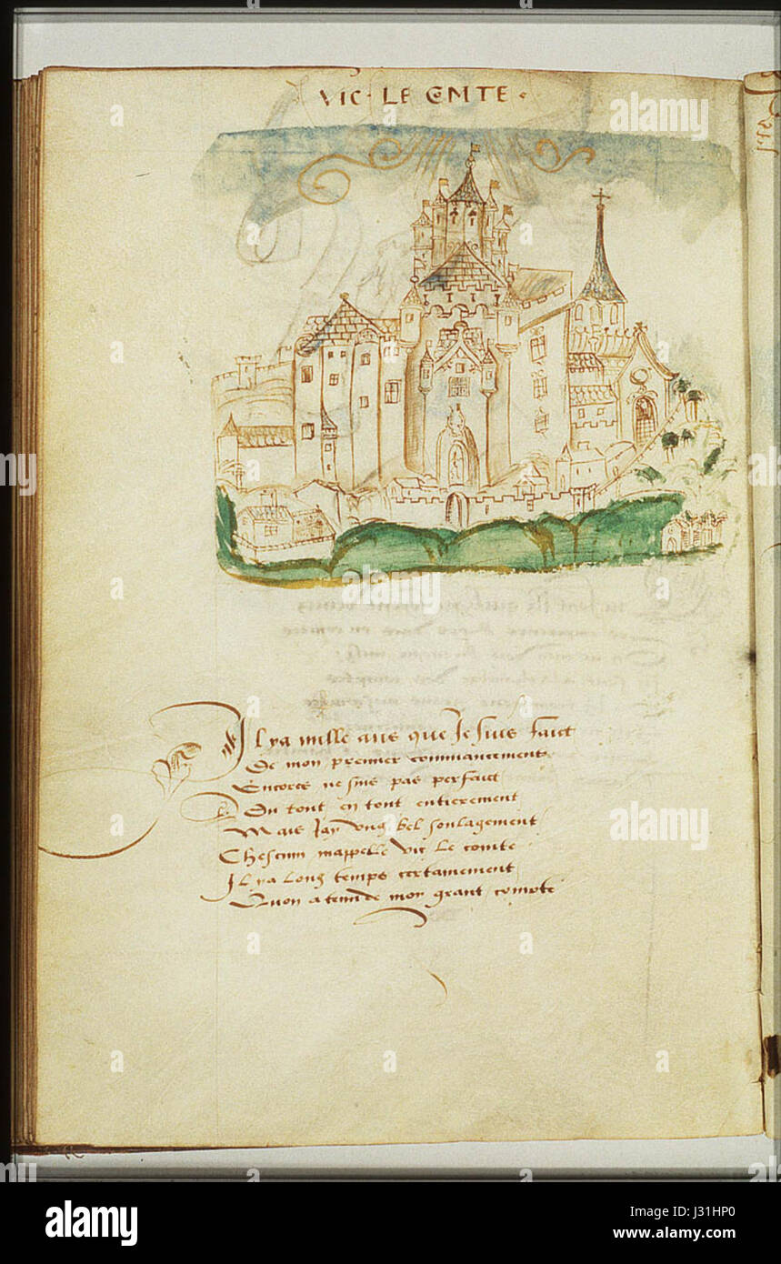 Castle Vic-le Comte - drawing from Jean Lemaire de Belges, Genealogie de Madame Anne de la Tour, princesse de l'Ecosse Stock Photo
