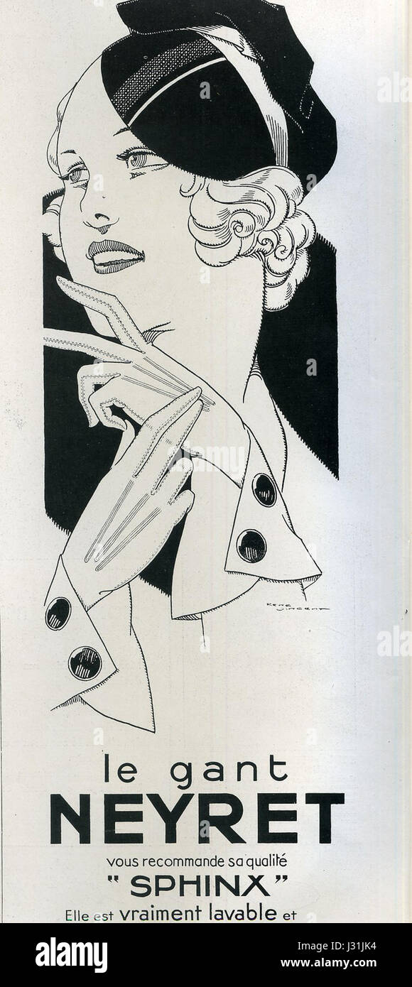This advertisement from *L'Illustration* magazine in 1934 promotes *Neyret Gants*, a brand known for high-quality gloves. The ad highlights the fashion and craftsmanship of the time, reflecting the style and consumer culture of the 1930s. Stock Photo