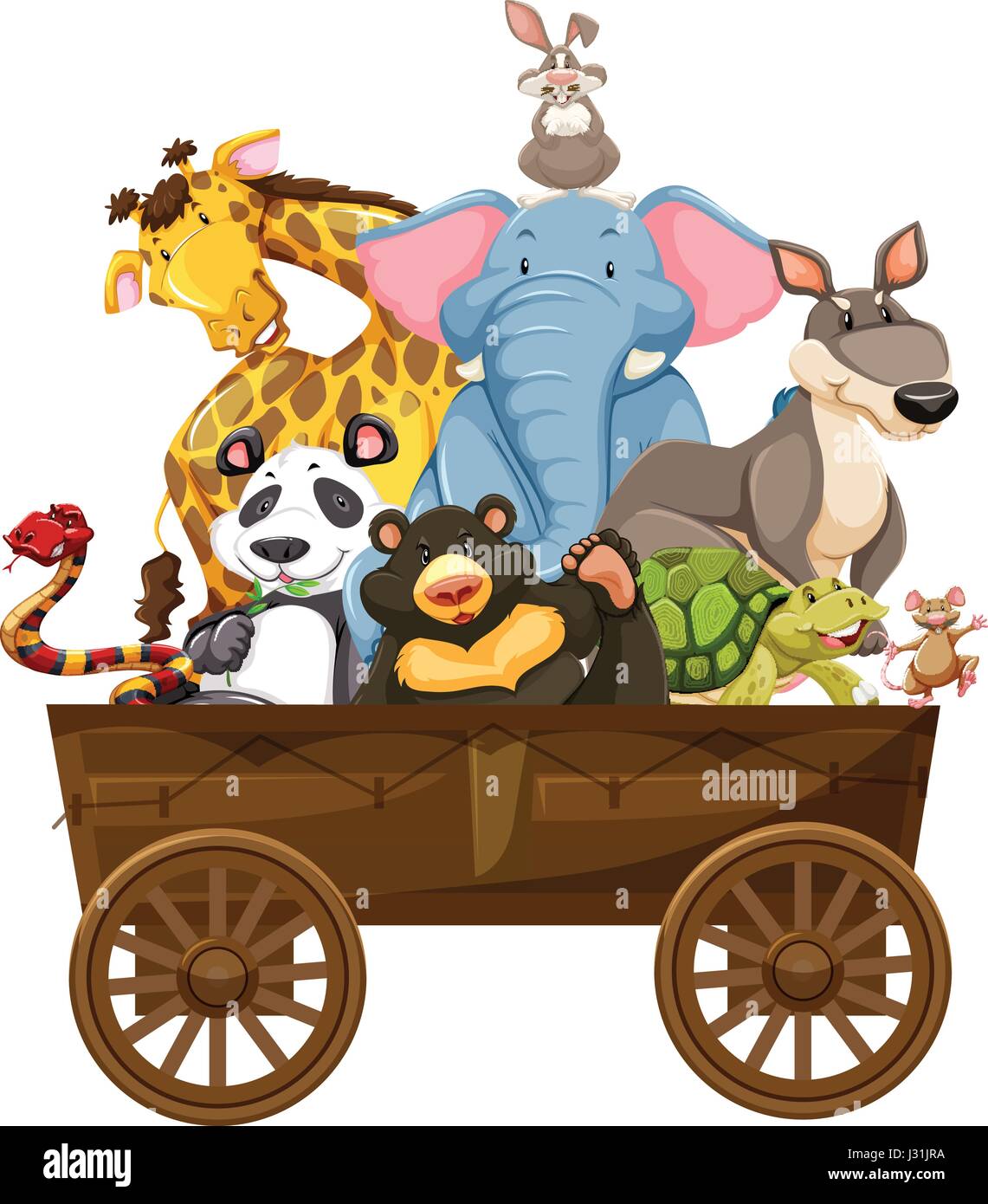 Many wild animals on wooden wagon illustration Stock Vector Image & Art ...