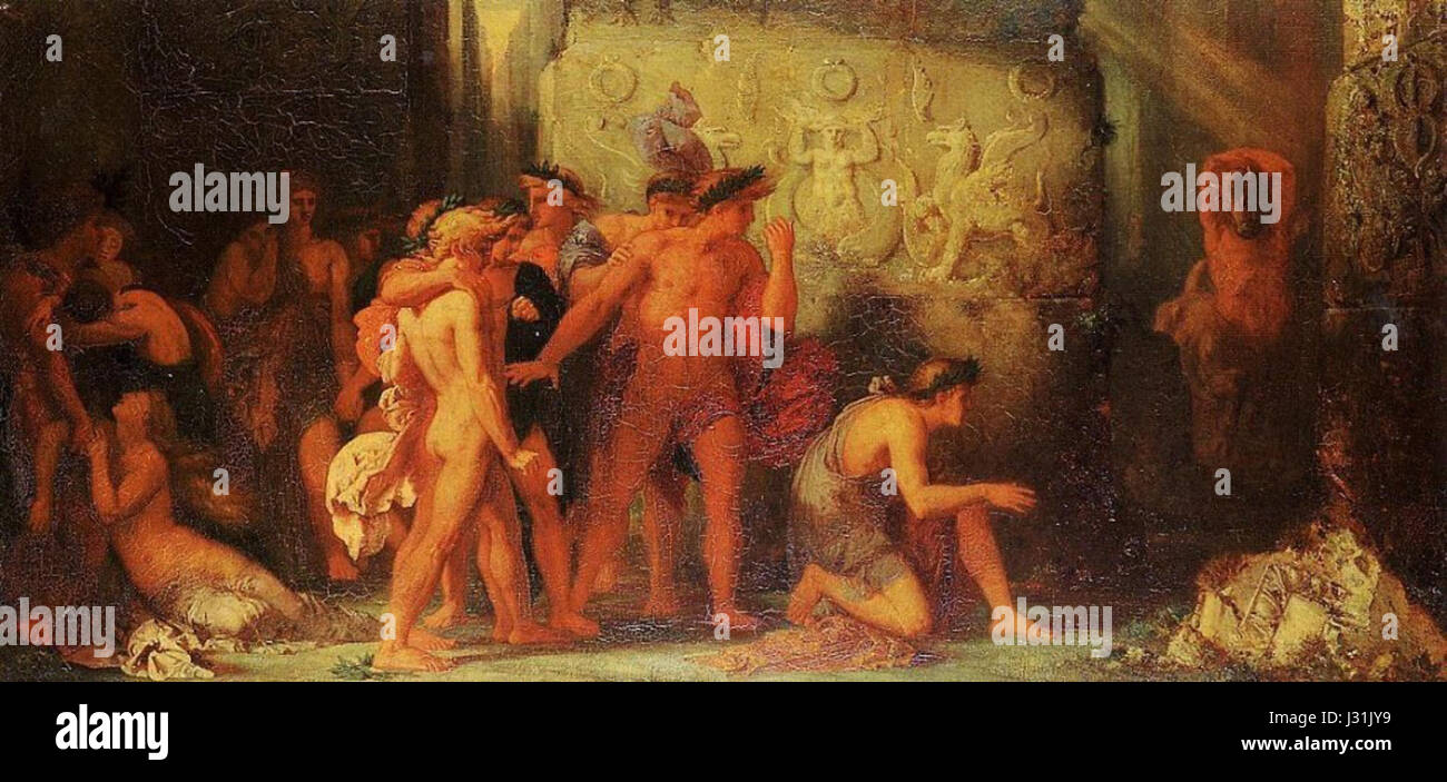This artwork by Gustave Moreau depicts the ancient Greek myth of the Athenians being delivered to the Minotaur in the Cretan labyrinth, showcasing Moreau's dramatic style in mythological art. Stock Photo