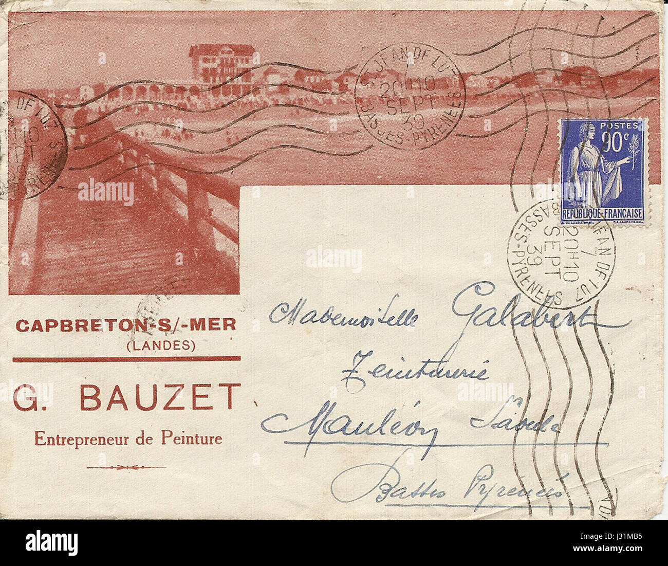 This item represents a postal envelope from Capbreton, France, dated 1939. It is a historical postal artifact from the period leading up to World War II, offering insight into the communication methods and postal history of France during that time. Stock Photo