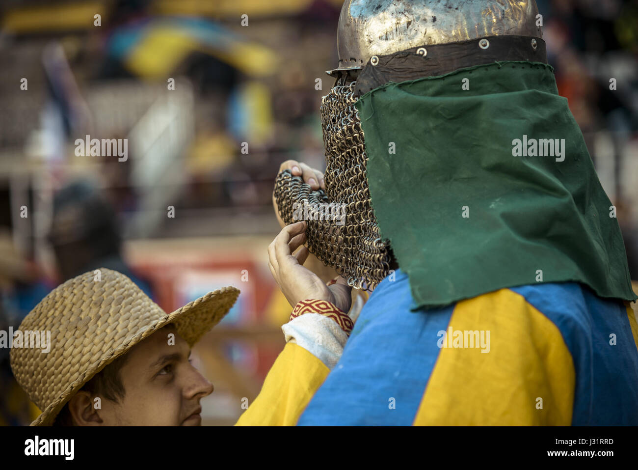 Barcelona, Catalonia, Spain. 1st May, 2017. A would-be knight from team Ukraine gets his recreated historical armou rchecked by a 'marshal' before entering the arena to fight on day 3 of the World Championship in Historical Medieval Battles, 'Battle of the Nations', in Barcelona. Credit: Matthias Oesterle/ZUMA Wire/Alamy Live News Stock Photo