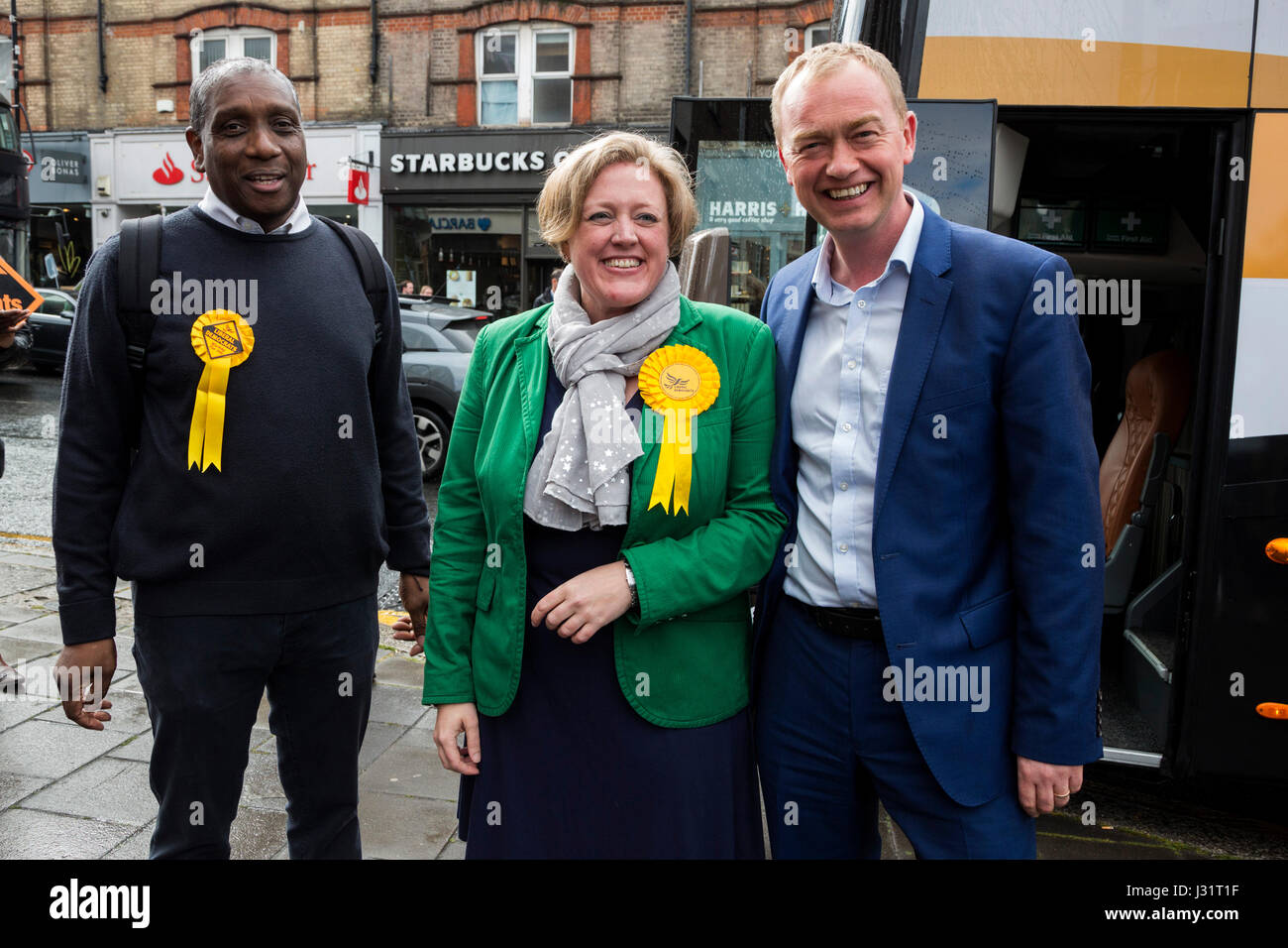 London, UK. 1st May, 2017. L-R: Brian Haley, Dawn Barnes and Tim Farron. Tim Farron, Leader of the Liberal Democrats is campaigning alongside North London candidates for the General Election at Hornsey Town Hall in Crouch End. Credit: Vibrant Pictures/Alamy Live News Stock Photo