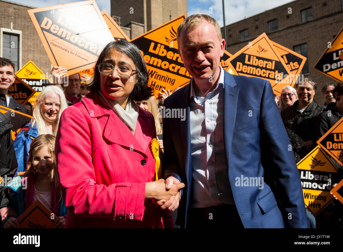 London, UK. 1st May, 2017. Marisha Ray, Lib Dem candidate for Chipping Barnet. Tim Farron, Leader of the Liberal Democrats is campaigning alongside North London candidates for the General Election at Hornsey Town Hall in Crouch End. Credit: Vibrant Pictures/Alamy Live News Stock Photo