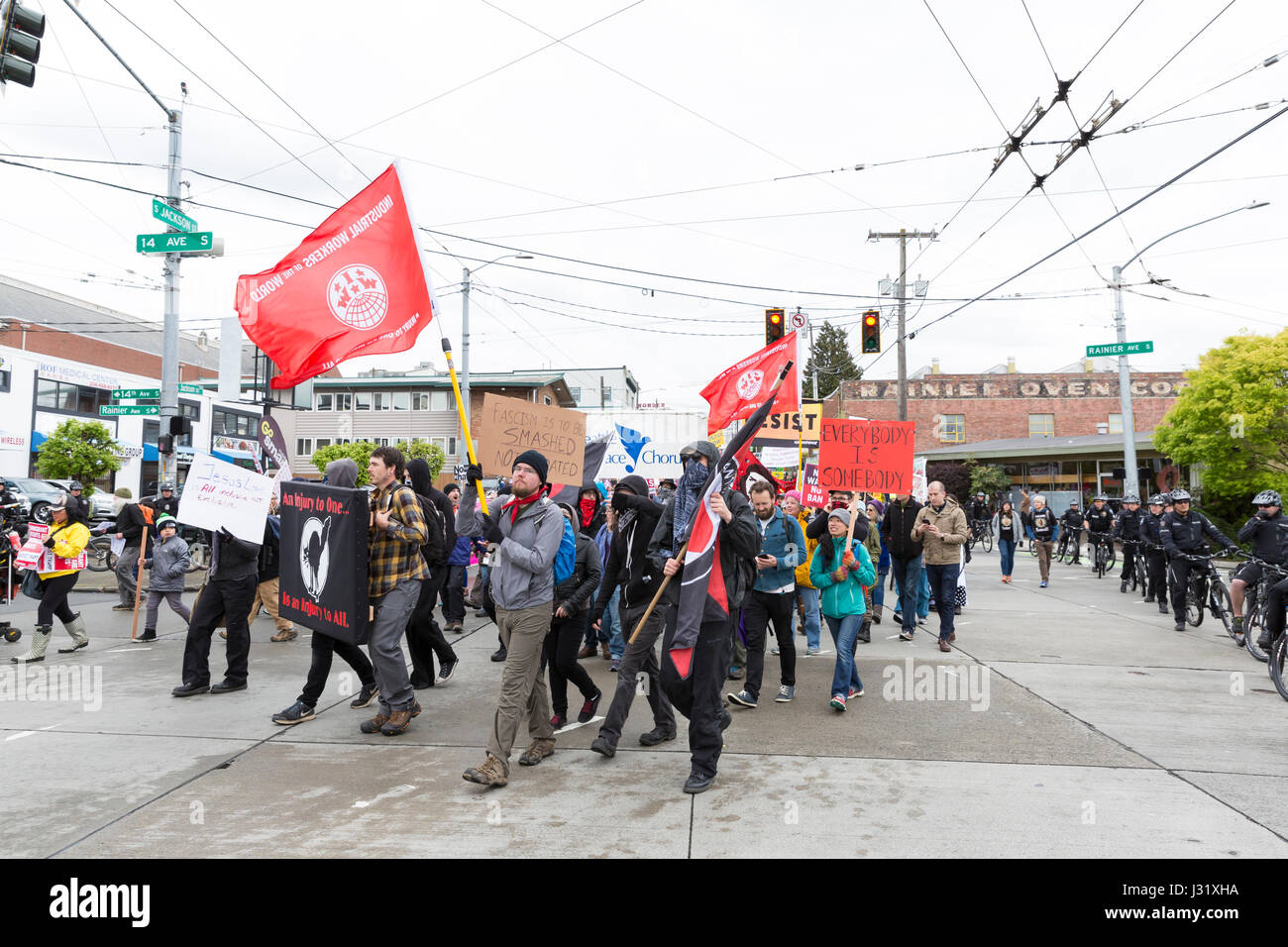 Seattle, USA. 01st May, 2017. Members of the Industrial Workers of the World march through the Central District during the May Day March for Workers and Immigrant Rights. Organizers called for a general strike on International Workers' Day in solidarity with coordinated events in communities in the State of Washington and around the world. Credit: Paul Gordon/Alamy Live News Stock Photo