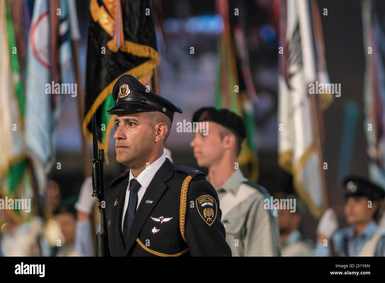 Jerusalem, Israel. Members of the security guard of the Knesset - the Israeli Parliament - perform drills and guard of honor with fixed bayonet during the central ceremony of Israel's 69th independence day. the ceremony takes place at the edge of the Mount Herzl National cemetery. Stock Photo