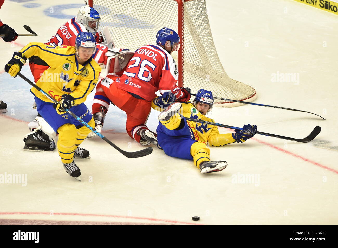 Ceske Budejovice, Czech Republic. 29th Apr, 2017. From left: William Karlson (SWE), goalkeeper Pavel Francouz and Jakub Kindl (CZE) and Mario Kempe (SWE) in action during the Sweden vs Finland match of Czech Ice hockey Games, part of Euro Hockey Tour in Ceske Budejovice, Czech Republic, April 29, 2017. Credit: Vaclav Pancer/CTK Photo/Alamy Live News Stock Photo