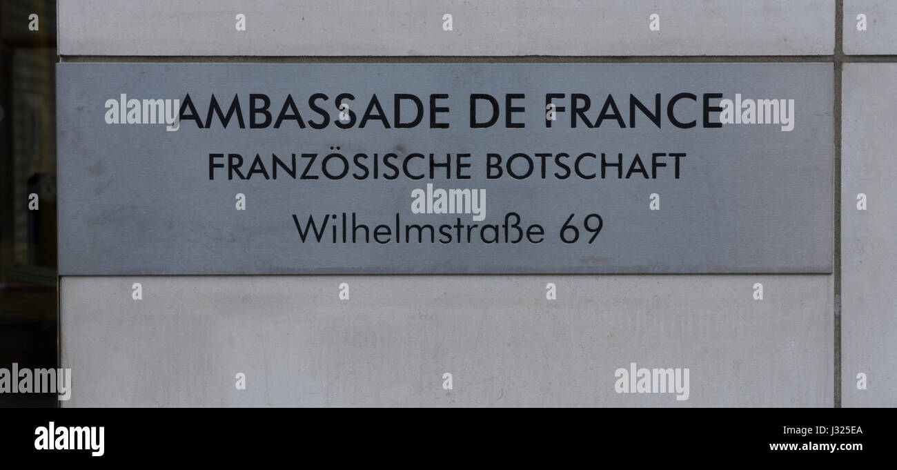 Berlin, Germany. 23rd Apr, 2017. 'Ambassade de France' is written at the entrance of the French embassy in Berlin, Germany, 23 April 2017. Many Frenchmen living in Berlin participated in the French presidential elections at the embassy in Berlin. Photo: Paul Zinken/dpa/Alamy Live News Stock Photo