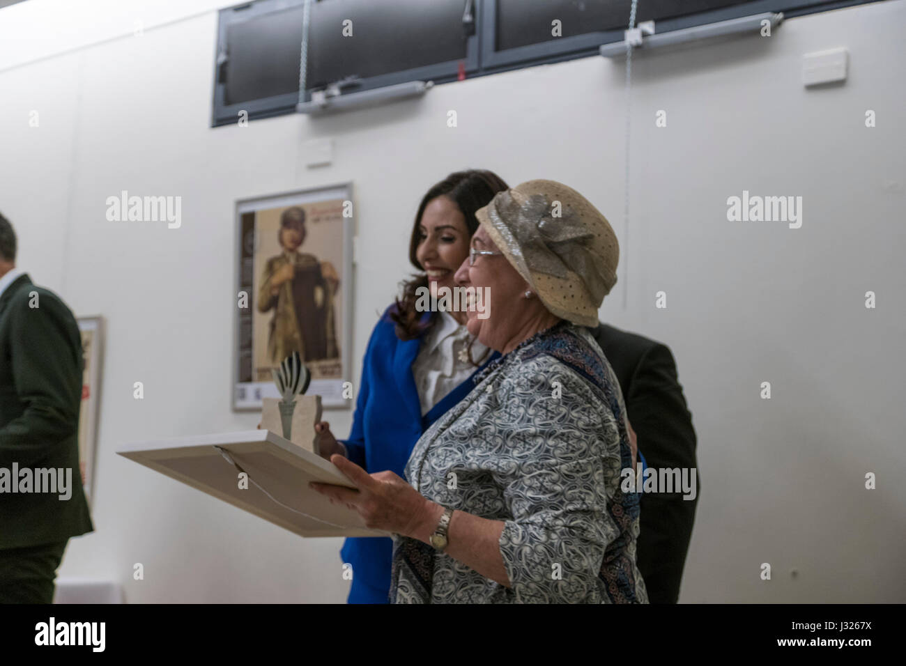 Jerusalem, Israel. 1st May, 2017. Israeli minister of culture and sports, Miri (Miriam) regev (in the blue dress) poses for a photo-op with Chana Henkin, who was among the twelve people chosen to light the torches at the central ceremony of Israel's independence day, a great honor in Israel. Credit: Yagil Henkin/Alamy Live News Stock Photo