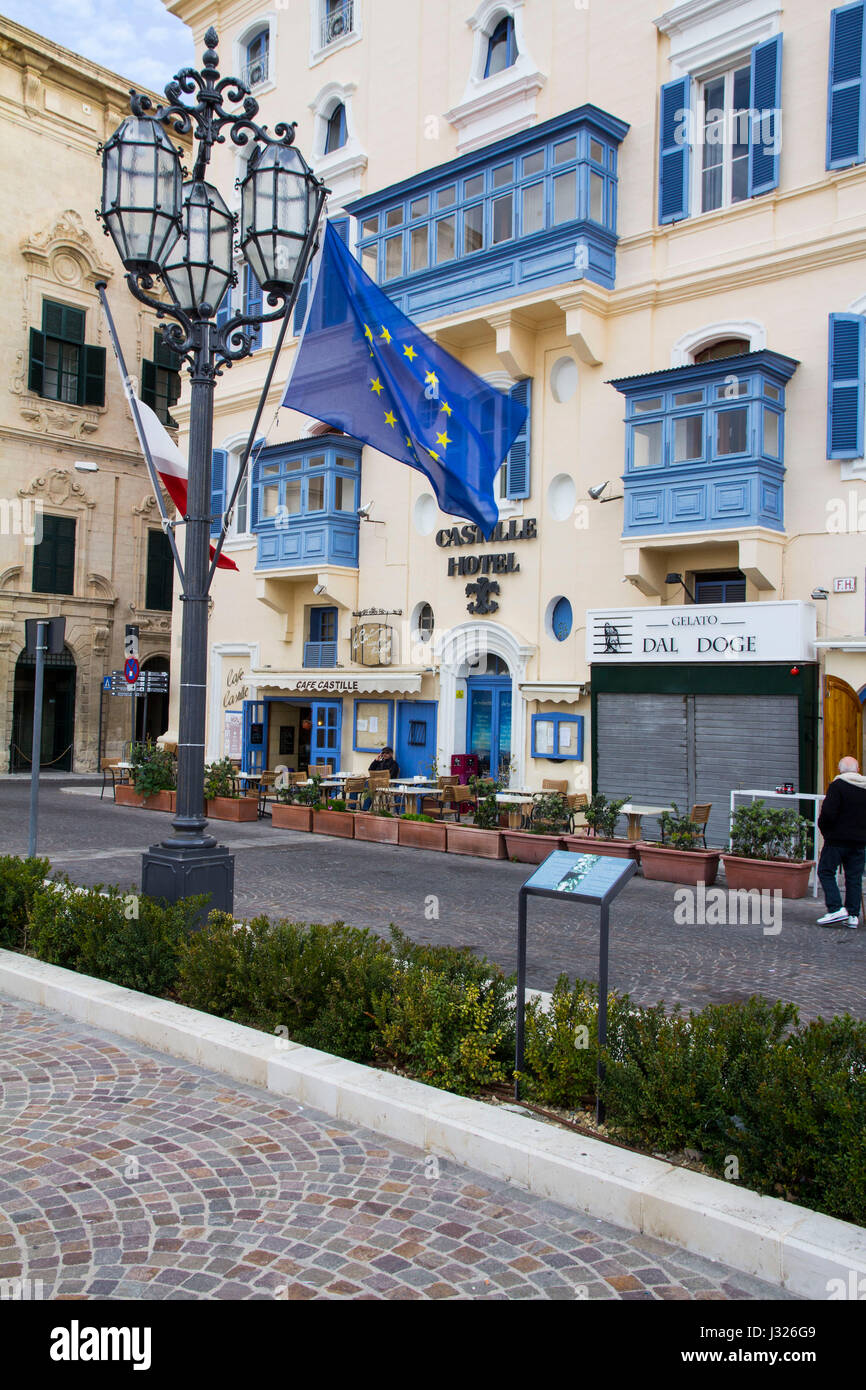 Originally a 16th Century residence, the Castille Hotel is a 3-star hotel located on the main square of Valletta, Malta. Stock Photo