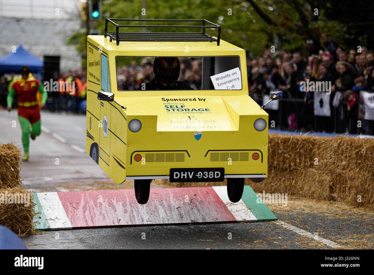 Soapbox, or soap box, derby carts leap over the jump ramps during an event in Billericay, Essex, UK. Home made race vehicles Stock Photo