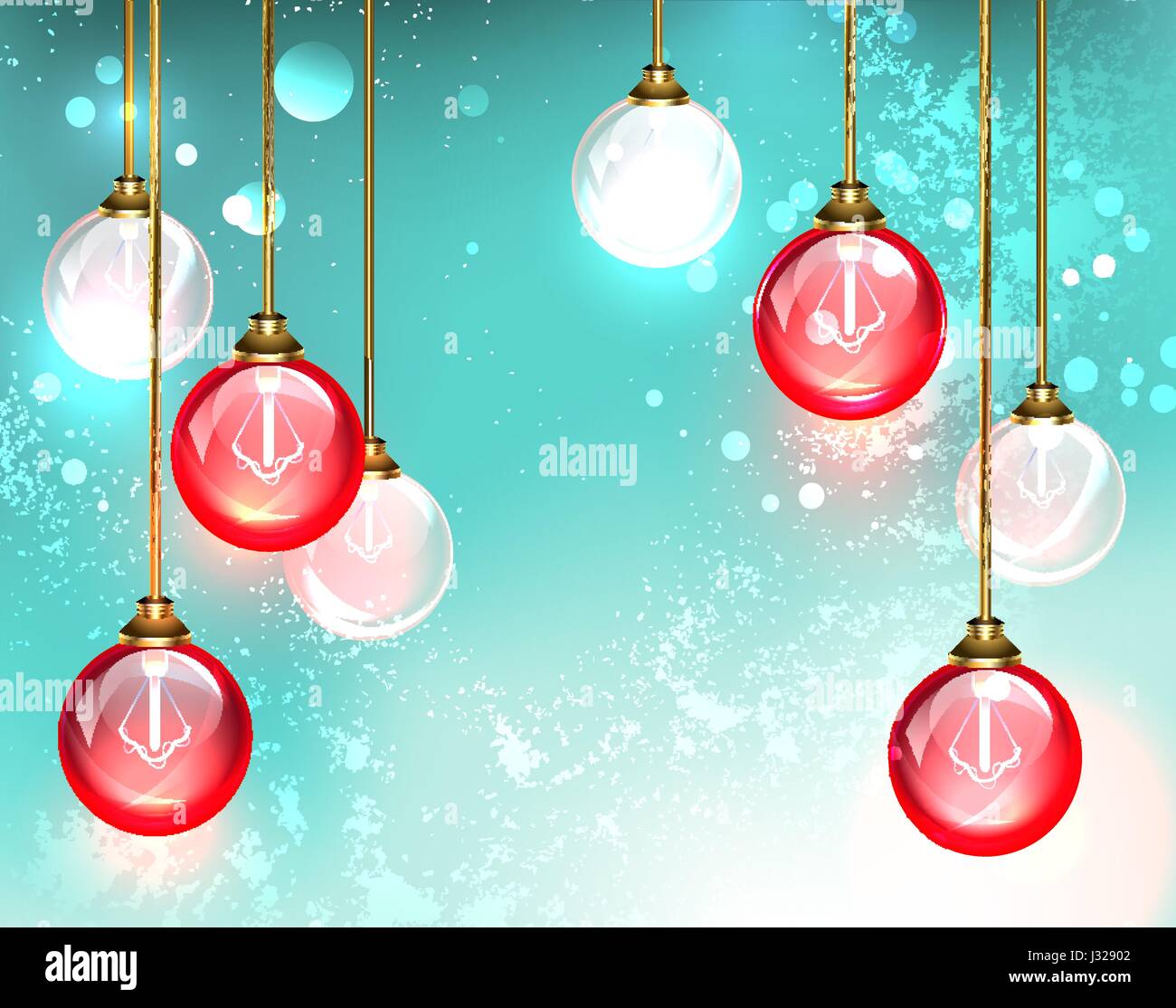 Fashion chandelier with hanging red round glass light bulb glow on the turquoise background. Design with bulbs. Stock Vector