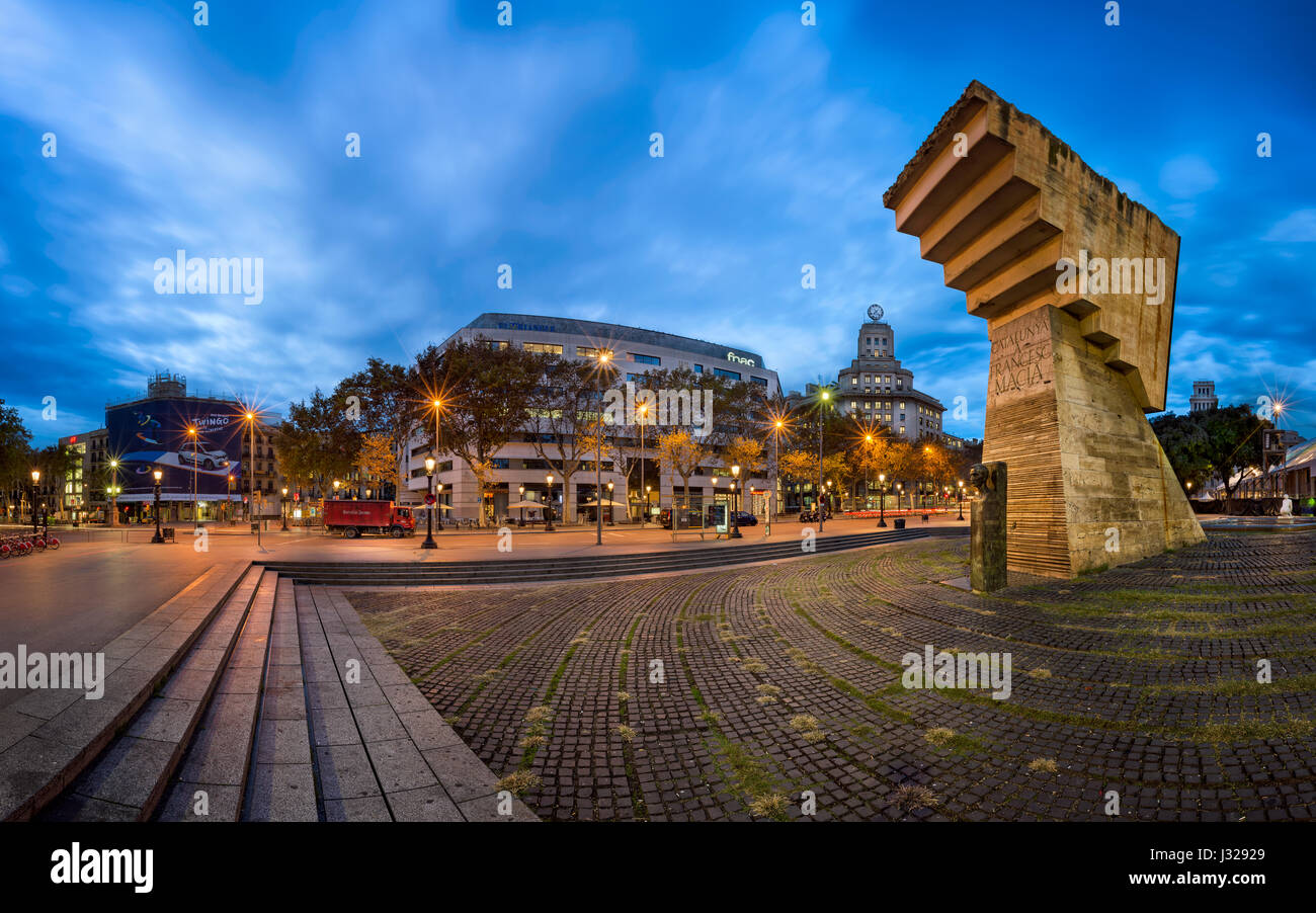 BARCELONA, SPAIN - NOVEMBER 17, 2014: Monument to Francesc Macia on the Placa de Catalunya. The square occupies an area of about 50,000 m2 and it's co Stock Photo