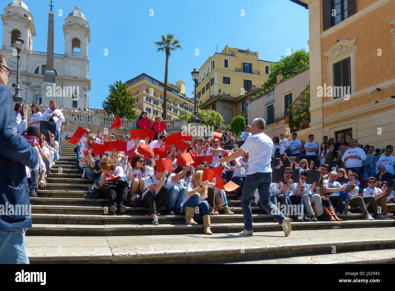 Rome, May 9, 2014 - Flash mob I love EU . Minister Stefania Giannini on the steps of Piazza di Spagna with dozens of kids to celebrate Europe Stock Photo