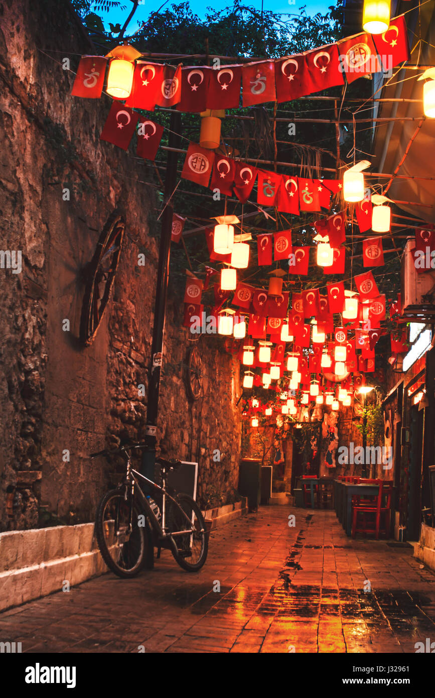 Old city street, stone stairway, lights at night. Kaleici, Antalya
