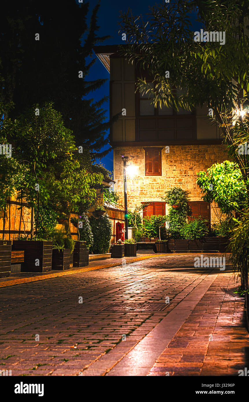 Old city street, stone stairway, lights at night. Kaleici, Antalya