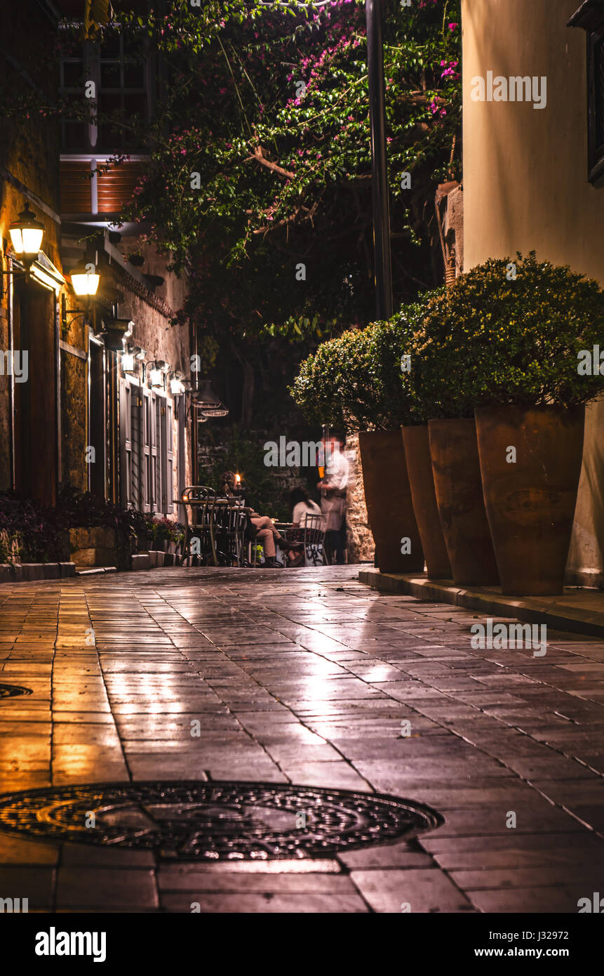 Old city street, stone stairway, lights at night. Kaleici, Antalya