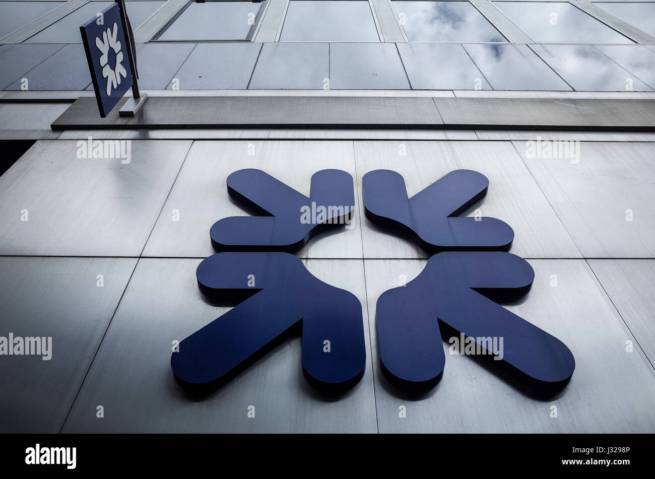RBS London - Logos and Signs outside a Royal Bank of Scotland (RBS) branch in the City of London financial district, UK. Stock Photo