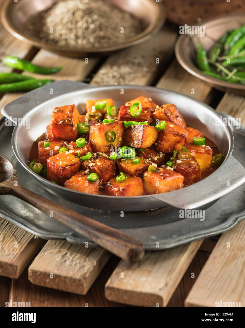 Chilli paneer. Spicy Indo chinese starter. India Food Stock Photo