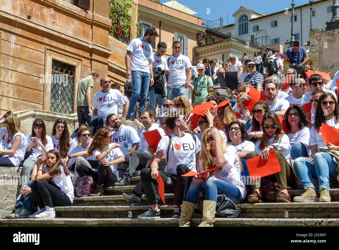 Rome, May 9, 2014 - Flash mob I love EU . Minister Stefania Giannini on the steps of Piazza di Spagna with dozens of kids to celebrate Europe Stock Photo