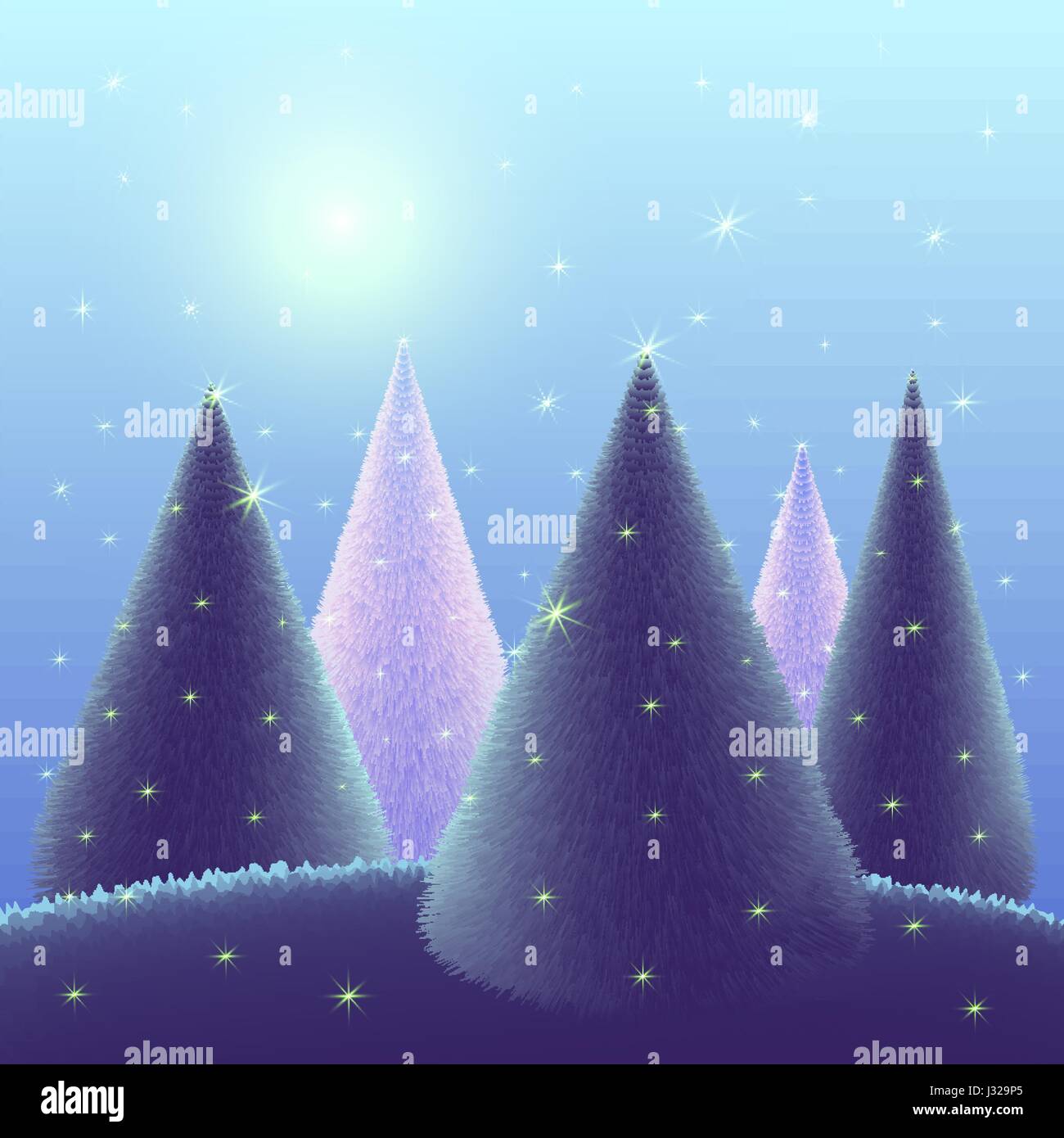 Christmas trees on blue background landscape with stars. Magic forest  in the night sky. Vector illustration greeting card Merry Christmas and Happy N Stock Vector