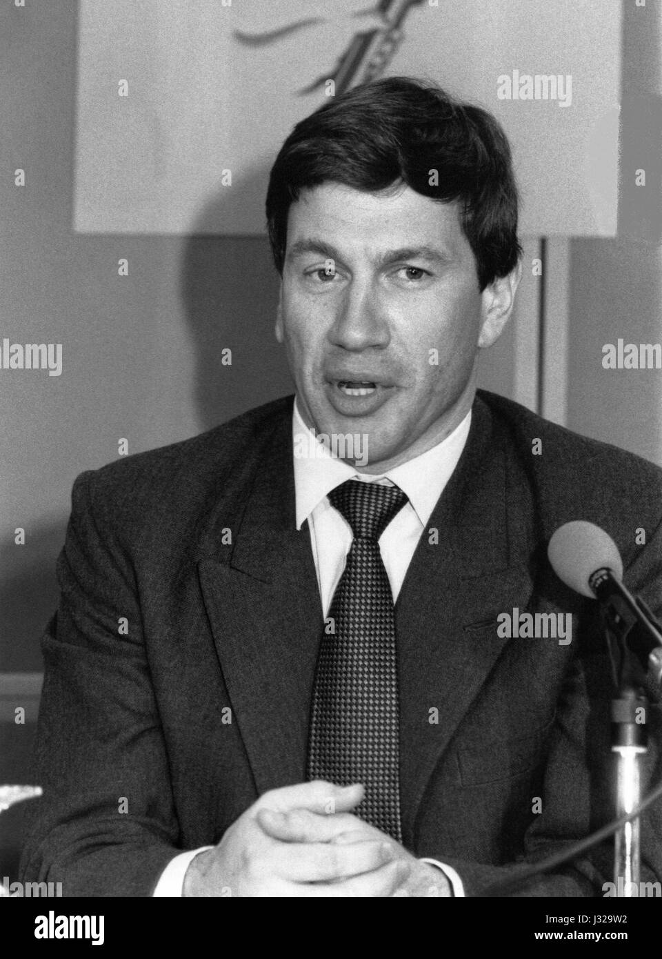 Michael Portillo, Minister of State for Local Government and Conservative party Member of Parliament for Enfield, Southgate, attends a party press conference in London, England on April 10, 1991. He now has a career in radio and television broadcasting. Stock Photo