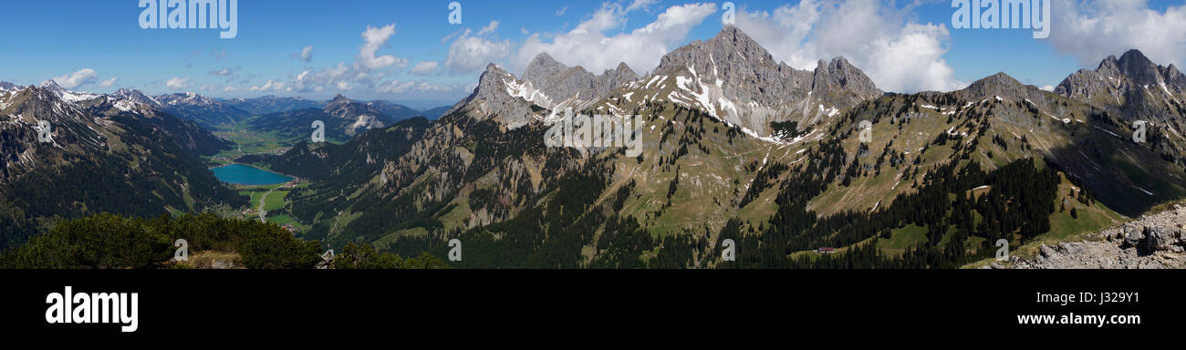 Panorama of Tannheimertal from Hahnenkamm Köllenspitze, Grosse Schlicke, Sebenspitze, Tirol, Austria Stock Photo