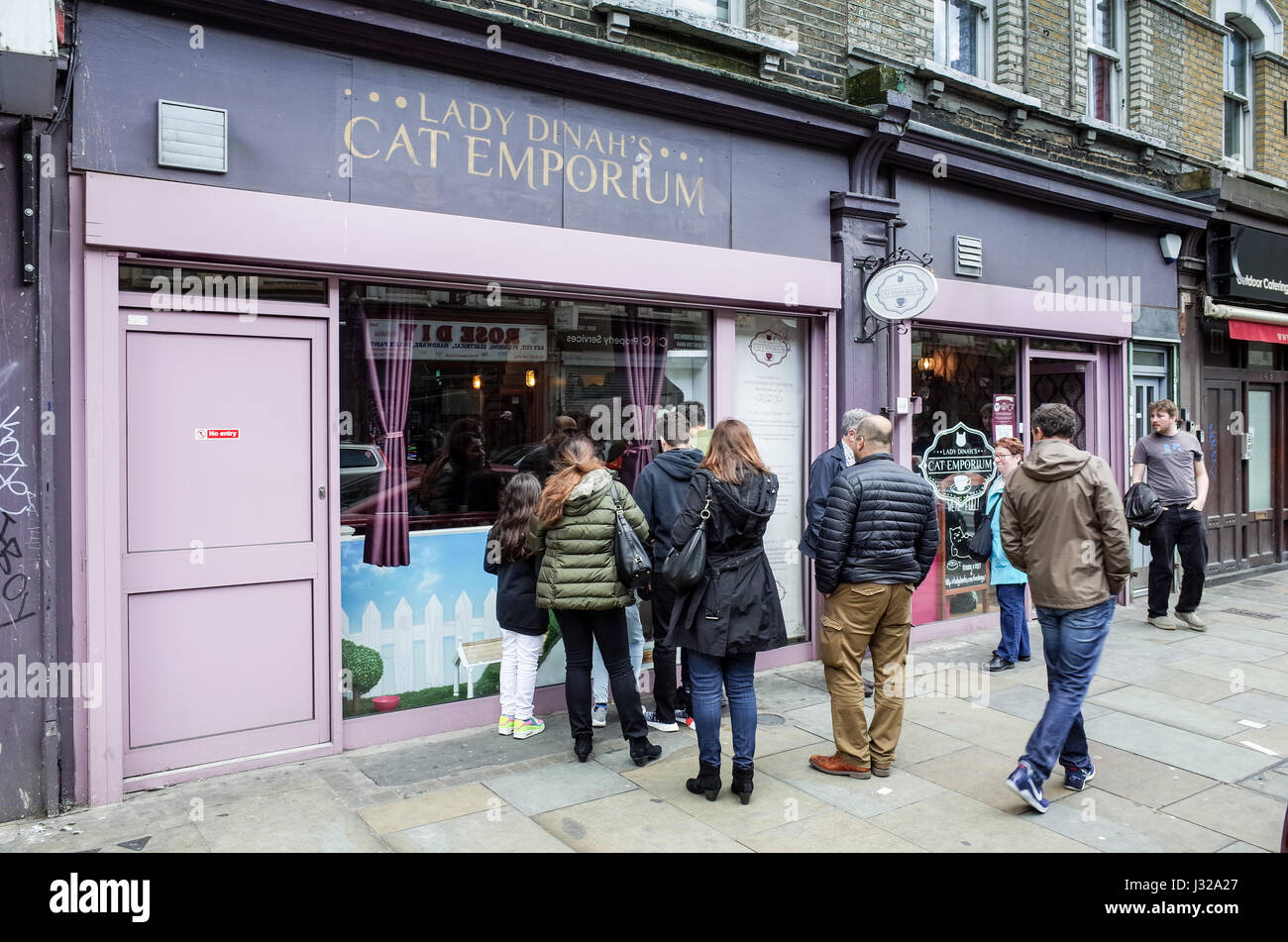 Pedestrians look at the cats in the window of the Cat Emporium in