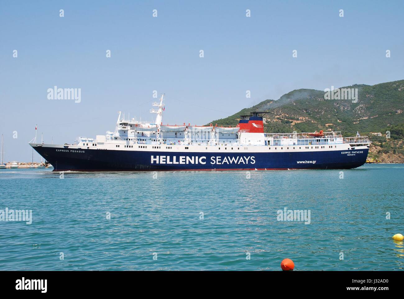 Hellenic Seaways ferry boat Express Pegasus docking at Chora on the Greek island of Skopelos on June 24, 2013. Stock Photo