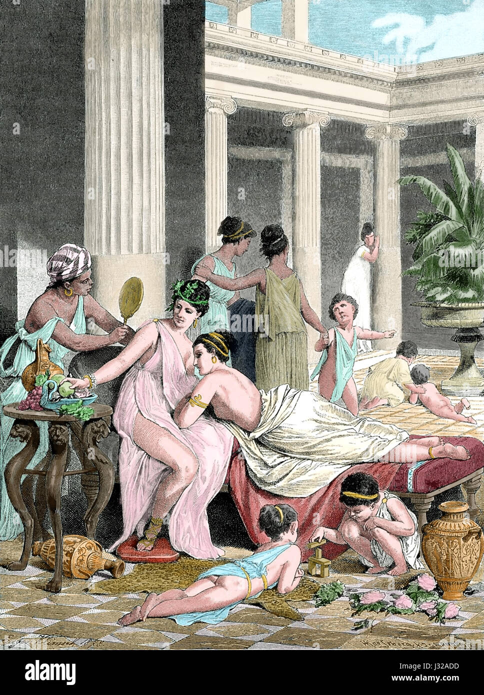 Ancient Greek. Women at home. Engraving, 19th century. Colored. Stock Photo