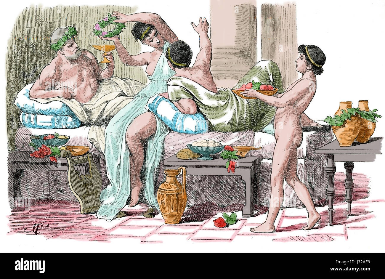 Ancient Greek. Banquet with a courtesan. Engraving, 19th century. Stock Photo
