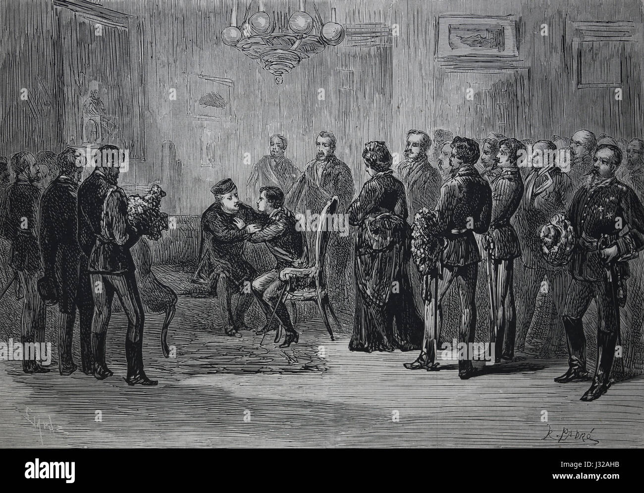 Meeting between king Alfonso XII and General Baldomero Espartero, Logrono, Spain. 1875. Spanish and America Illustration. Engraving. Stock Photo