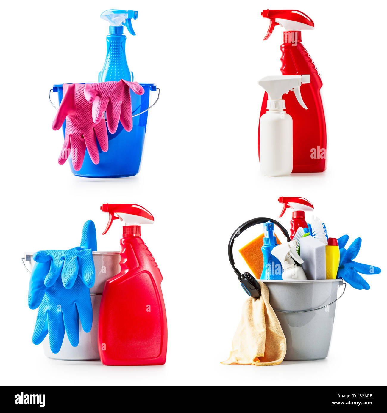 Bucket with cleaning supplies and products collection isolated on white background Stock Photo