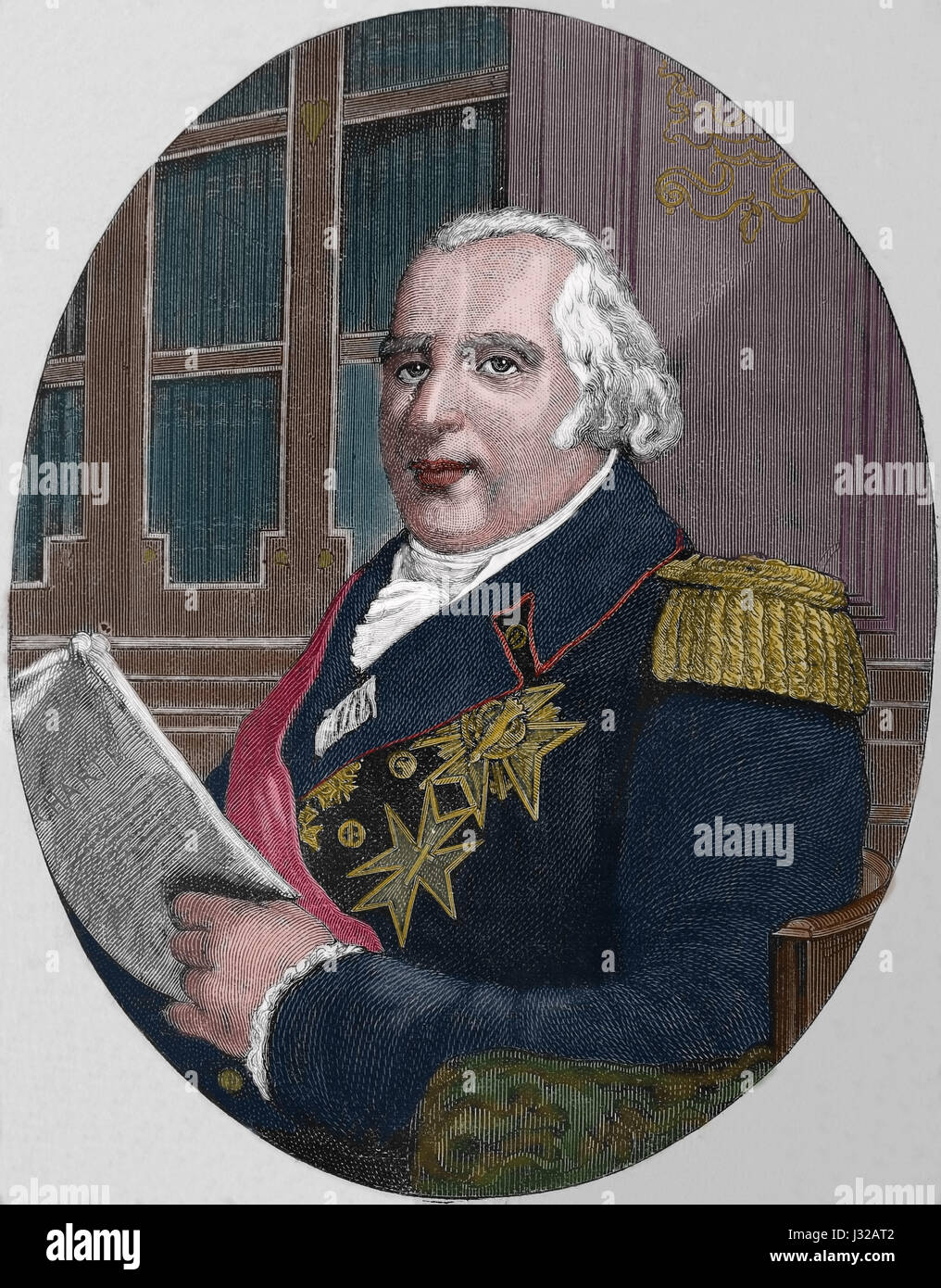 Louis XVIII of France (1755-1824). The Desired. King of France. Portrait. Engraving, Nuestro Siglo, 1883. Spanish edition. Stock Photo