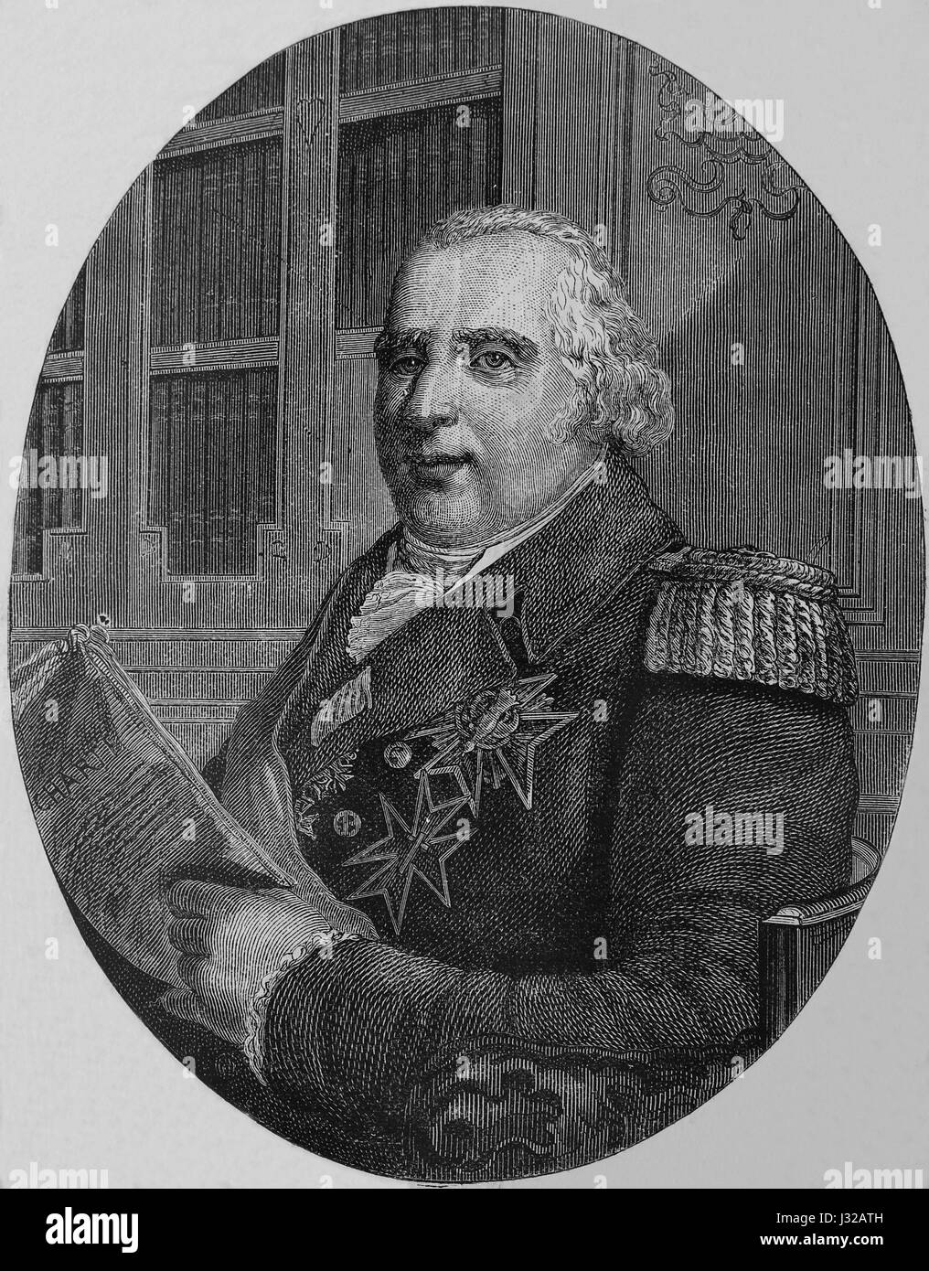 Louis XVIII of France (1755-1824). The Desired. King of France. Portrait. Engraving, Nuestro Siglo, 1883. Spanish edition. Stock Photo