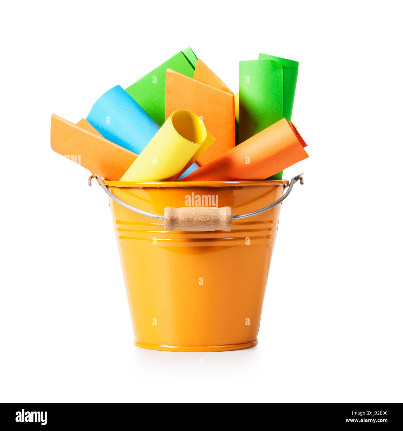Orange bucket list with colorful paper notes isolated on white background clipping path included Stock Photo